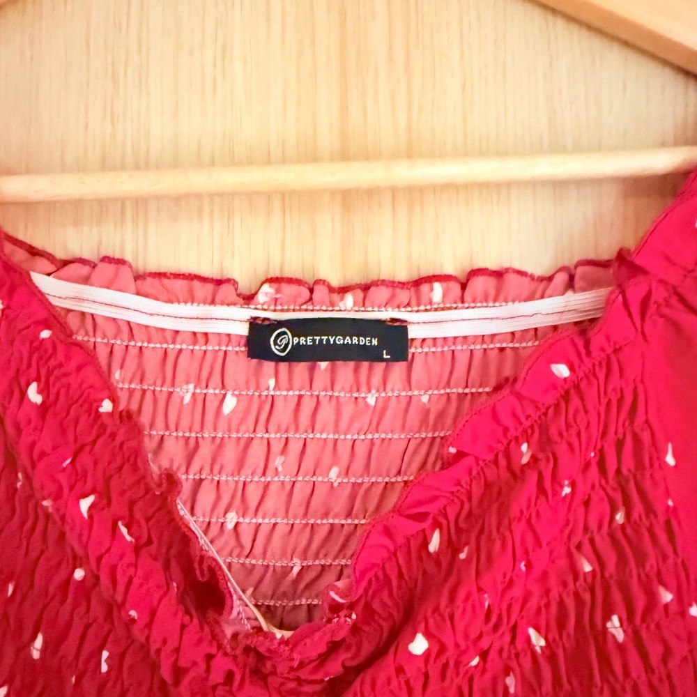 Valentines Prettygarden Red Heart Smocked Bodycon Dress Ruched Tie Puff Sleeve L - Picture 3 of 8